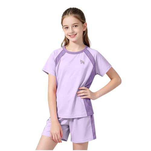 Sportanzug Mädchen 2 Teiler Sommer Outfit T-Shirt + Shorts Set Leichte Trainingsanzug Schnelltrocknend Jogginganzug Top + Sporthose Kurz Outdoor Casual Bekleidungssets für Kinder Lila 7-8 Jahre