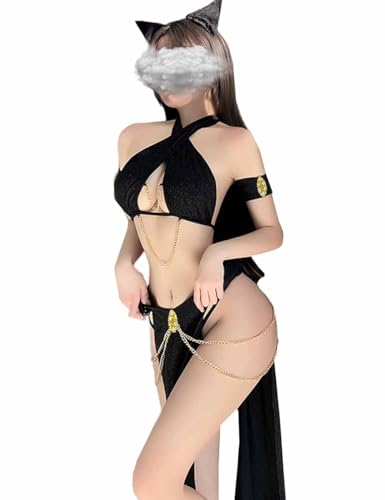 YUANMO Frauen Anime Cosplay Dessous Kleid Halloween Katze Ägyptische Königin Maid Outfit Sklave Dessous Outfit (Schwarz, Einheitsgröße)