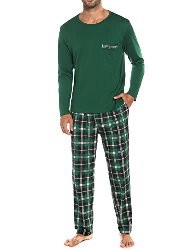 Sykooria Schlafanzug Herren Lang mit Bündchen Zweiteiliger Karierter Pyjama Set, Langarm Shirt & Schlafanzughose aus Baumwolle, D-Grün, L