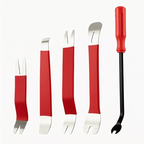 Xzenuo Auto Demontage Werkzeuge Set, 5 Teile Metall Hebelwerkzeug + Zierleistenkeile Automotive Reparatur Set, Kfz Trim Tool Kit Universal für Entfernung Autotür Türverkleidung und Platten, Rot