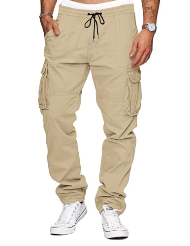 TARAINYA Cargohose Herren Baumwolle Baggy Hosen Stretch Outdoorhose mit Kordelzug und Taschen Helleskhaki L