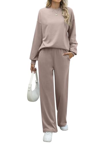 REORIA Damen Baumwolle Rundhals Jogginganzug Langärmliges Oberteil und weite Hose Zweiteiler Trainingsanzug Hausanzug Sport Set Lounge Set Khaki M