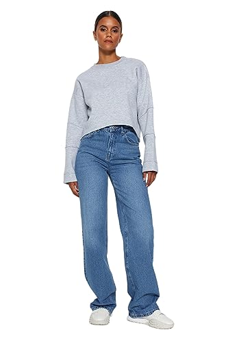 TRENDYOL Damen Gerade Weites Bein Hohe Taille Jeans, Blau, 44 EU