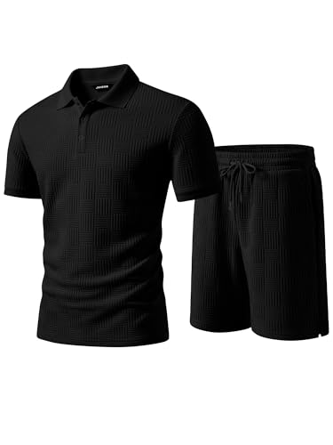 JMIERR Trainingsanzug Herren 2 Teiler Sommer Outfit Set,Schwarz L