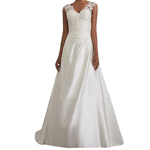 YOUCAI Damen Abendkleider Hochzeitskleid V-Ausschnitt Romantisches Elegant Partykleid Lang Spitze Maxikleid Brautkleider,Weiss,EU38