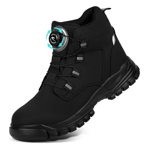 AOOSU Sicherheitsschuhe Herren Damen, Wasserdicht Stahlkappe Arbeitsschuhe mit Drehknopf, Schnittschutzstiefel, rutschfeste Leicht Knöchelhoch Leder Sicherheitsschuhe Größe 40
