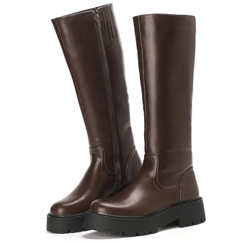 Putu Damen Stiefel Plateau Modische Reitstiefel mit Blockabsatz Profilsohle Leicht Bequem Elegante Hochschaftstiefel 39