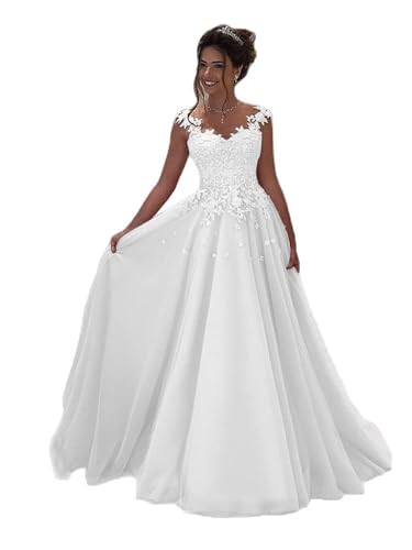 Beyonddress Damen Tulle Abendkleider Lang Hochzeit Spitze Prinzessin Ärmellos Brautkleid Ballkleider(Weiß,42)