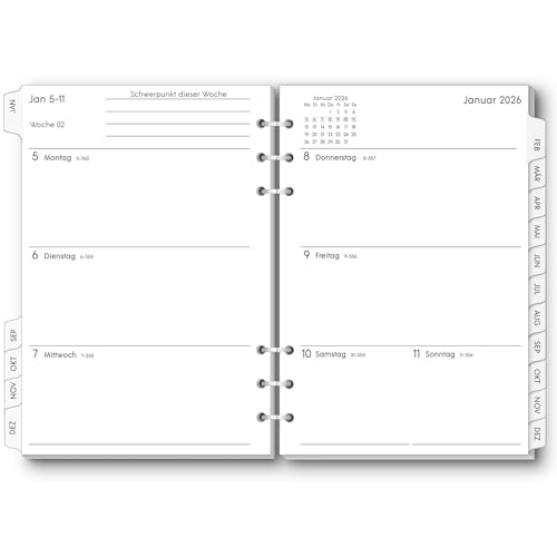 SKYDUE Refillable A5 Ring Binder Calendar, Ringbuch A5 Nachfüllbar, Kalendereinlagen 2026 1 Woche 2 Mit Tabs,Wochenplaner Einlage