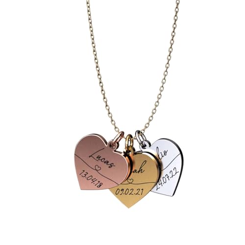 Generisch Personalisierte Halskette mit Gravur | Herzen mit Namen & Geburtsdaten der Kinder | Geschenk Mama | Gold, Silber, Roségold | Edelstahl Wasserfest | Made in Germany