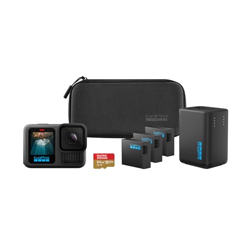 GoPro HERO13 Black Extended Power Bundle – Dualladegerät, 3 Enduro Akkus, 1 Gebogene Klebehalterung, MicroSD-Karte mit 64 GB, Befestigungsclip + Flügelschraube, 2 USB-C-Kabel, Kamera-Case