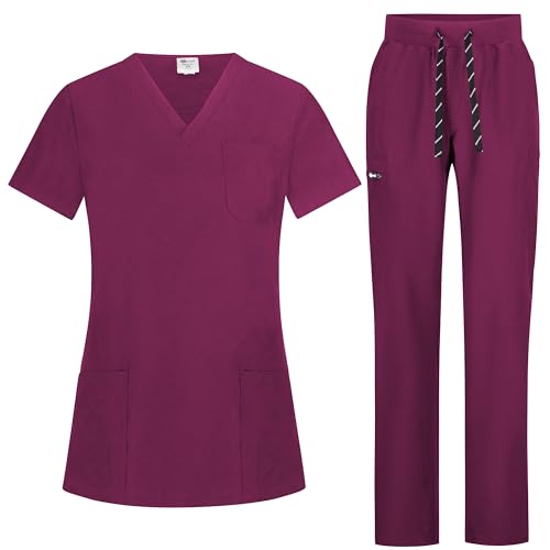 B-well Bella Damen-Schrubb-Set Schlupfkasack + Schlupfhose Set Medizin Arzt Uniform Schlupfjacke Oberteil mit Hose Medizinische Berufsbekleidung mit Elastan (Wein, 3XL)