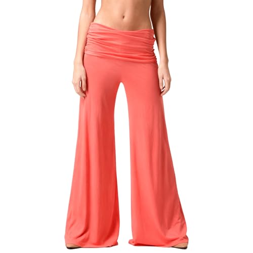 Qinayig 2026 Coral Fold-Over-Yogahose, einfarbige Wide-Leg-Loungehose mit lockerer Passform gerafftem Bund, für Yoga Sport und Alltag (DE/NL/SE/PL, Alphanumerisch, S, Regular, Regular, Coral)