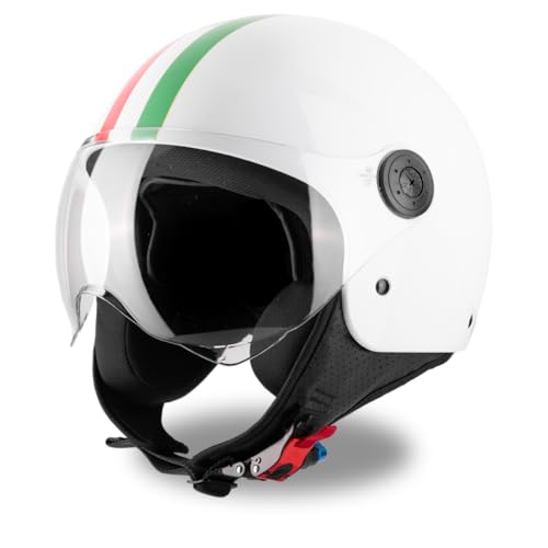 VINZ Gavia Roller Helm Jet Helm Mopedhelm Herren und Damen | in Gr. XS-XXL | Jethelm mit Visier & Italienische Flagge | ECE 22.06 Zertifiziert | Motorradhelm