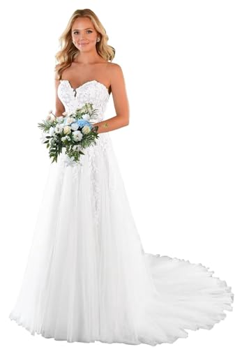 IUYRESX Abendkleider Spitze Applique Boho Braut Brautkleider Lange A Linie Hochzeitskleid Standesamt Prinzessin V-Ausschnitt Brautkleid Weiß 40