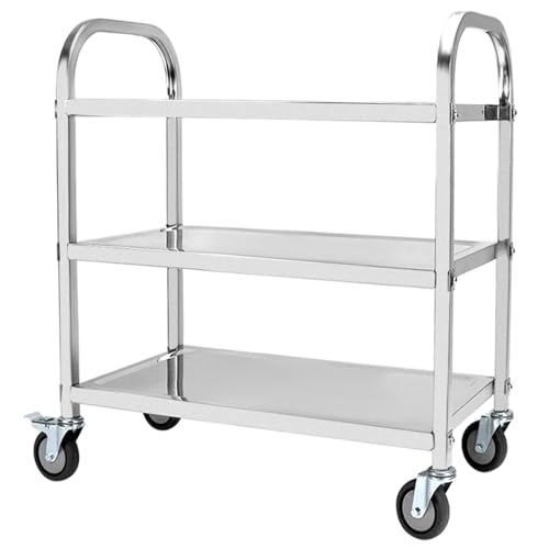 QWORK® 3-Etagen Edelstahl Servierwagen Teewagen Reinigungswagen - 95 x 50 x 95 cm - Leise Räder mit Bremsen