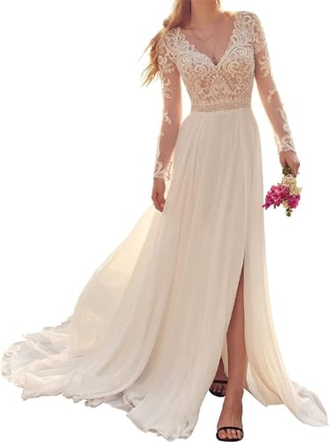 JAEDEN Boho Brautkleid Hochzeitskleid Damen - Lang Spitze Brautkleider Langarm Standesamtkleider Elfenbein 46