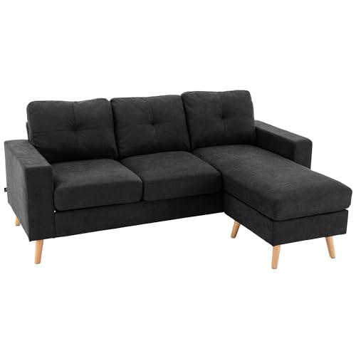 HOMCOM Ecksofa L-Form Sofa mit 3 Kissen, Eckcouch mit Knopfheftung, Leinenoptik, Veränderbare Chaiselounge Couch Wohnlandschaft für Wohnzimmer, Schlafzimmer 193 x 136 x 85 cm Schwarz