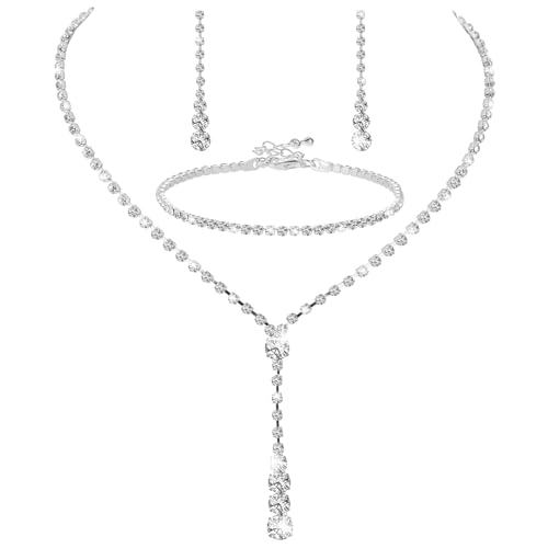 Telooco Hochzeit Brautschmuck Set Silber Kristall Strass Hochzeitsschmuck Damen Halskette Armband Ohrringe Schmuckset Strass Braut Halsketten Tropfenohrringe Party Hochzeits Strassschmuck
