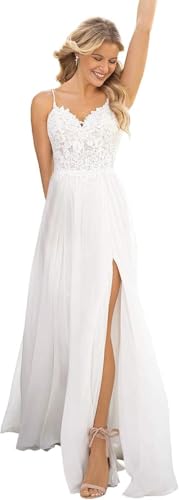 IUYRESX Hochzeitskleid Weiß,Brautkleider Schlicht Elegant Standesamt Spaghetti-Träger Lang Chiffon Hochzeitskleider Spitze Prinzessin Brautkleid Elfenbein 58