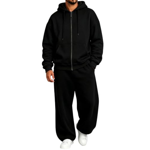 EUTAVKWE Sportanzug Herren Zweiteiler Jogginganzug mit Reißverschluss Kapuzenjacke und Baggy Jogginghose Fleece Warm Weich mit Taschen Kordelzug für Gym Fußball Alltag Freizeit Hausanzug