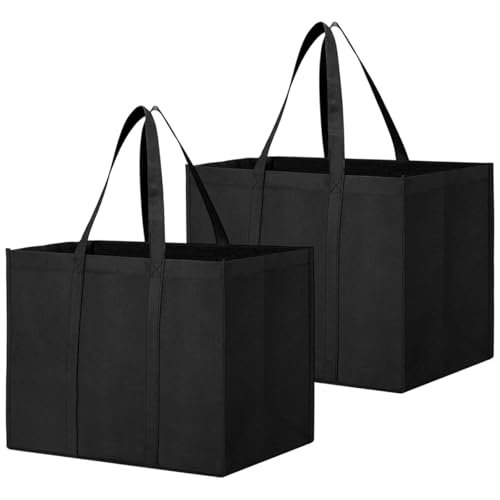 GXAHSOL 2 Stück Schwarze Einkaufstasche, Faltbar Einkaufstasche, 41 x 33 x 26 cm Große Einkaufstaschen mit Tragegriffen, Wiederverwendbarer Einkaufstaschen für Einkaufen, Picknick, Camping, Reisen