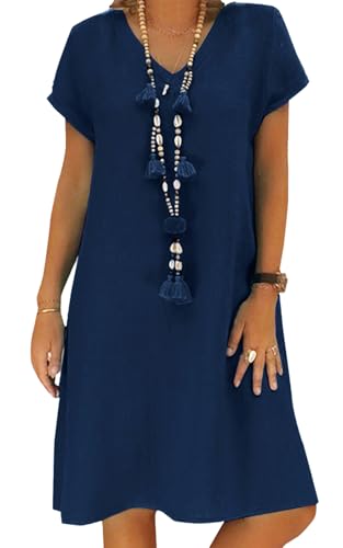 Tincini Sommerkleid Damen Leinen Kleider Casual V-Ausschnitt Midikleid Kurzarm A-Linie Kleid Strandkleid Ohne Zubehör (A Marine, XXL)