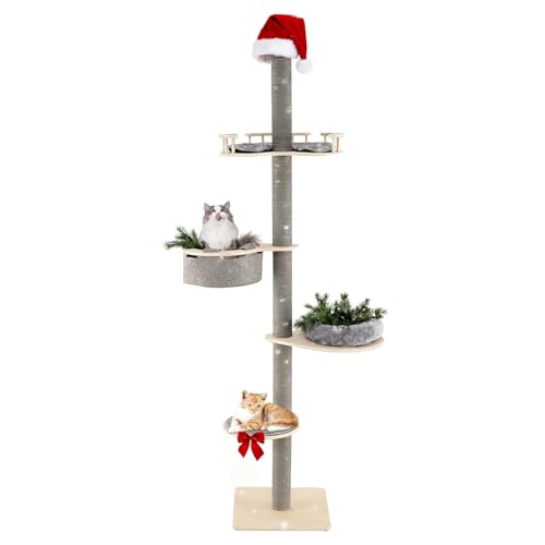 COSTWAY Kratzbaum deckenhoch, 236-271 cm, von Boden bis Decke, 5-stöckiger Katzenbaum, Katzenkratzbaum hoch, Kletterbaum mit Hängematte & Plattformen & Plüsch-Bett, Katzen Katzenmöbel Holz, Grau