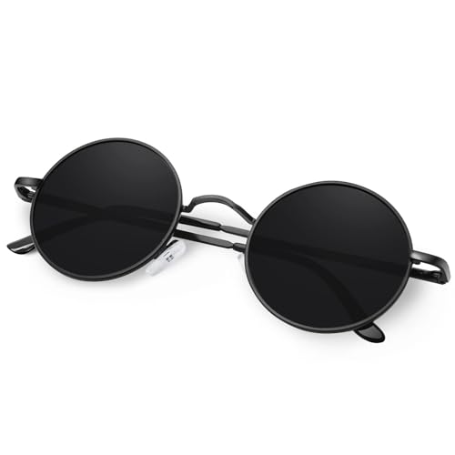 KANASTAL Runde Sonnenbrille Herren und Damen Schwarze Rund Rave Brille Retro Classic Sonnenbrille 90er Style Polarisiert Steampunk Sonnenbrillen UV Schutz mit Metallrahmen