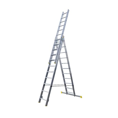 Bayersystem BS-DW 3x11 Mehrzweckleiter, 3x11 Sprossen, 3-teilige Alu-Kombileiter, bis 150 kg belastbar, max. Arbeitshöhe 6,98 m, Klappleiter, Multifunktionsleiter, Stehleiter, Silber/Gelb