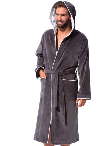 Morgenstern Bademantel Herren Kapuze 100% Baumwolle Frottee OEKO-TEX Velours Morgenmantel Lang Finn Anthrazit/Hellgrau L