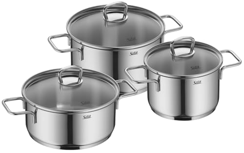 Silit Alicante Topfset Induktion 3-teilig, Kochtopf Set mit Glasdeckel, Schüttrand, Edelstahl hochglanzpoliert, Induktions Töpfe Set unbeschichtet, für alle Herdarten geeignet