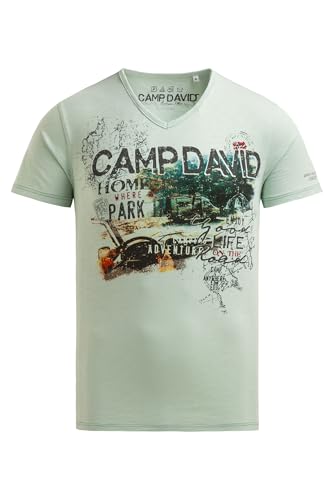 Camp David Herren T-Shirt mit V-Neck und Photoprint Faded Mint, XXXL