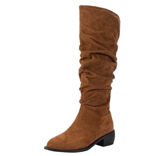 SKFLABOOF stiefel damen, Overknees Stiefel Damen - Western Cowboy Boots Mit Absatz Flach Schuhe Winterboots High Heels Damenstiefeletten Elegant Langschaftstiefel 001a Braun, 39 EU