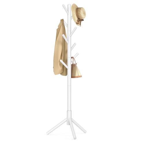 VASAGLE Garderobenständer, Kleiderständer aus Massivholz, Garderobe in Baumform, 8 Haken, 3 verstellbare Höhen, für Kleidung Hut Tasche, Wohnzimmer Schlafzimmer Büro, weiß RCR04WT