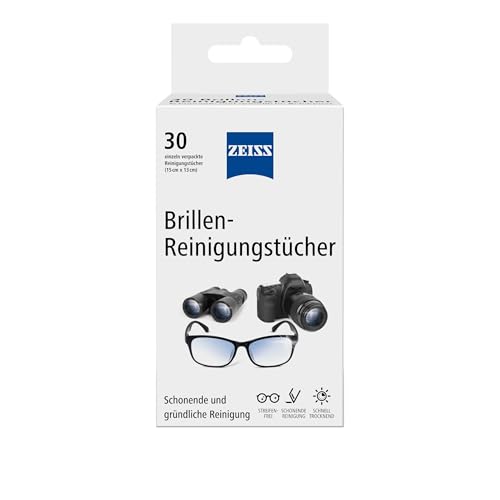 ZEISS Brillen-Reinigungstücher mit Alkohol 30 Stück zur schonenden & gründlichen Reinigung Ihrer Brillengläser - jedes Tuch einzeln verpackt - ideal für unterwegs oder auf Reisen
