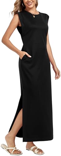 WUWUSKY Damen Maxikleid ärmellos mit Rundhals und Seitenschlitz – Elegantes lässiges Kleid mit Zwei Taschen,schwarz,M