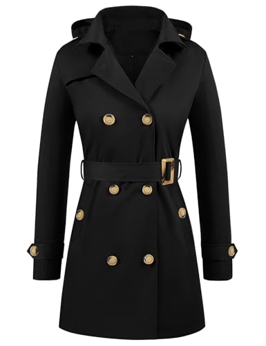 Tuopuda Damen Trenchcoat Jacke Wasserabweisender Langer Mantel Winddichter Wintermantel Windjacke Übergangsmantel Revers Damenmantel mit Abnehmbare Kapuze(Schwarz,L)