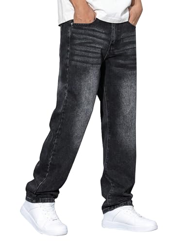 JMIERR Jeans Herren Baggy Baumwolle Weite Jeans Hose Herren Stretch Vintage Loose Fit - Bequeme Streetwear Freizeithosen Schwarz L