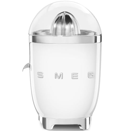 Smeg, Elektrische Zitruspresse CJF11RDEU, tropfsicherer Auslauf und Universalkegel, rutschfeste Stellfüße, Filtersieb und Presskegel aus Edelstahl, 70 W, Weiß