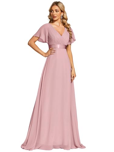 Ever-Pretty Damen Abendkleid Frau A-Linie Chiffon Brautjungfernkleid V Ausschnitt Hochzeit Staubige Rose 38