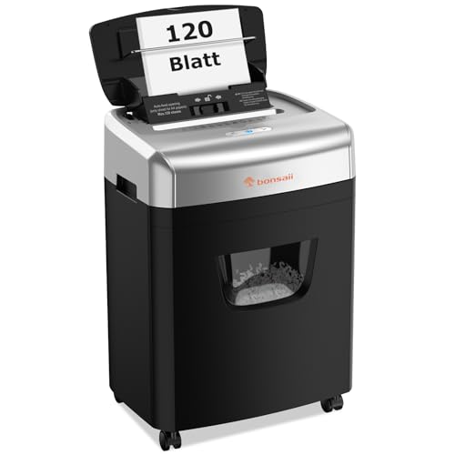Bonsaii 120 Blatt Aktenvernichter mit Automatischem Einzug, P-4 Partikelschnitt, Extrem Leise mit 62dB, 23-Liter-Behälter und 4 Rädern, Autofeed-Mikroschnitt-Schredder für das Büro(C233-B)