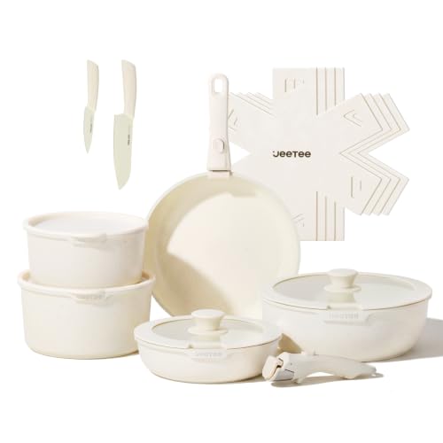 JEETEE Topf und Pfannensets mit abnehmbarem Griff 17-Teilig, Antihaft Pfanneset, Topfset Induktion, Kochtopf Set mit Deckel und Messer, Alle Herde kompatibel, PFOS/PFOA frei, Beige