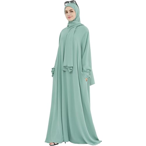 khalat Frauen Muslimische Gebet Abaya Islamisches bescheidenes Kleid mit Hijab-Schal Spitzenärmel Fließendes Abaya-Kleid Lichtgrün