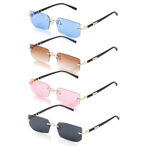 CAINCAY Rahmenlose Rechteck Sonnenbrille, 4 Stück Retro Rahmenlose Sonnenbrille Vintage Retro Rave Brillen Square Rimless Sunglasses für Damen Herren