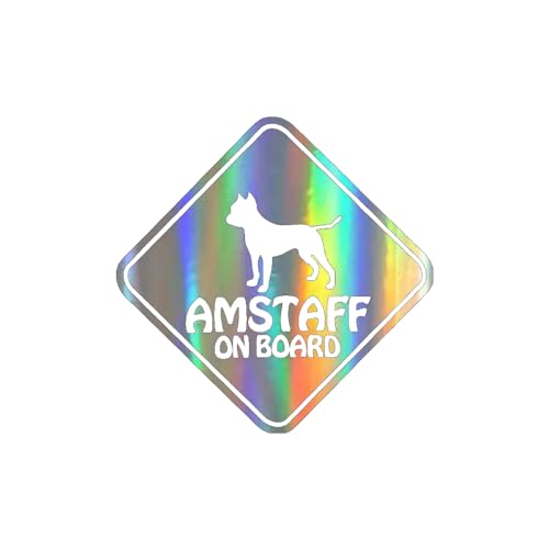 AmStaff On Board Holographischer Aufkleber, Regenbogen-Effekt，Reflektierend, Wasserfest, Personal mit Hunden Aufkleber für Auto und Laptop Dekoration (15cm/5.9 Inch)