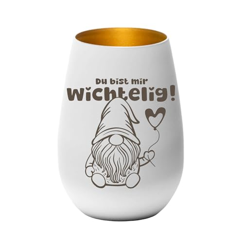 Windlicht Wichtel Motiv | Wichtelig Teelichthalter Glas mit Gravur „Du bist Mir wichtelig“ | Geschenkidee für Freunde & Familie | 12 x 8,5 cm | Pohmer Design (Weiß-Gold)