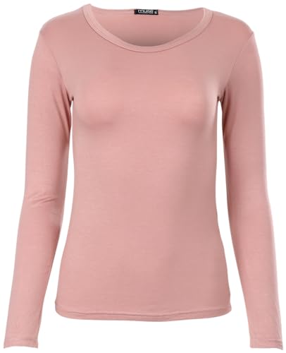 Easy Young Fashion - Damen Basic Rundhals Shirt - Langarm Unterziehshirt - Skinny Fit 1093 - Altrosa M