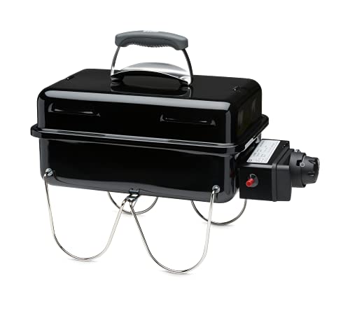 Weber Go-Anywhere Gasgrill/Tragbarer Grill mit klappbaren Beinen, Zündknopf, Robuste Emaille, Leichter und kompakter Campinggrill für den Außenbereich, 42 x 26 cm Grillfläche, Schwarz