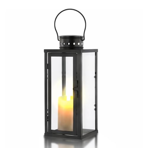 Kongming Laternen für Draußen, Windlicht Outdoor Metall & Glas, Grablaterne Friedhof Wetterfest Schwarz Kerzenhalter, Laterne Deko für Garten und Friedhof (Klein:10x10x24cm)